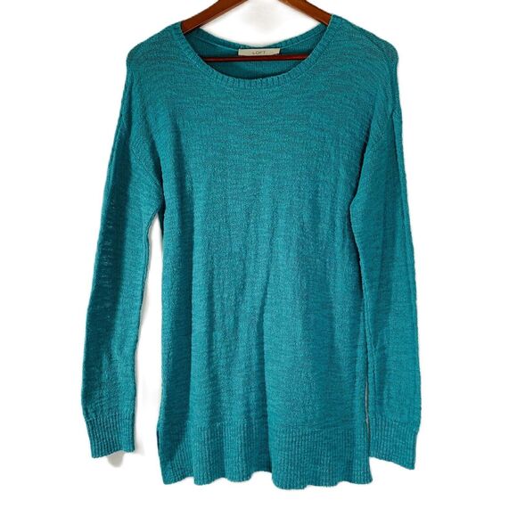 Loft Sweater Women Small Turquoise Tunic Boat Neck Side Slit Coastal Mermaid - Picture 1 of 10